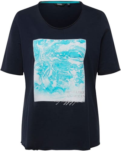 Ulla Popken - Dames - T-shirt opgerolde randen klassiek ronde hals halve mouwen - Marine - Maat 42+