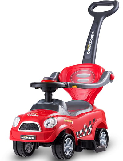 COSTWAY 3-in-1 schuifauto, schuifvoertuig met afneembare duwgreep, beschermbeugel en verborgen opbergruimte, speelgoedauto voor kinderen van 2 tot 6 jaar, rood