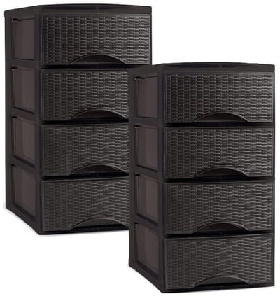 Plasticforte Ladeblok - 2x - 4 lades - kunststof - bruin - rotan - bureau organizer - 26 x 37 x 49 cm
