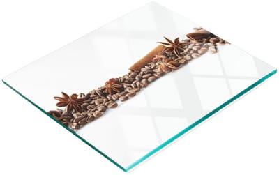 Glazen snij- en serveerplank met koffiebonen en kaneelmotief, 60x52 cm