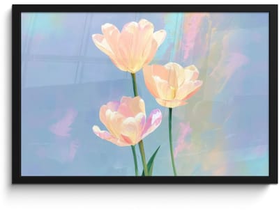 Poster in lijst - Fotolijst 60x40 cm - Posters - Tulpen - Roze accenten - Blauw - Posterlijst zwart - Decoratie - Wanddecoratie woonkamer - Muurdecoratie slaapkamer