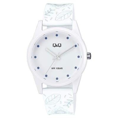 Q&Q V08A-001VY - Horloge - Sport - Analoog - Dames - Vrouwen - Kinderen - Plastic band - Rond - Kunststof - Stippen - Bloemen - Wit - 10 ATM