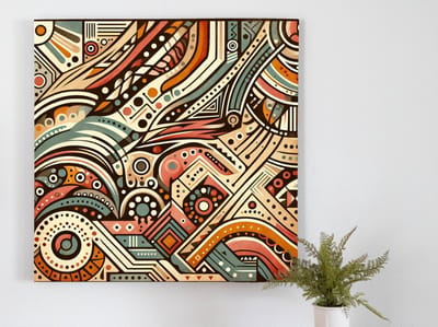 Abstract aboriginal schilderij | Primitieve patronen gevangen in levendige kleuren op doek vereeuwigd | Kunst - 60x60 centimeter op Canvas | Foto op Canvas