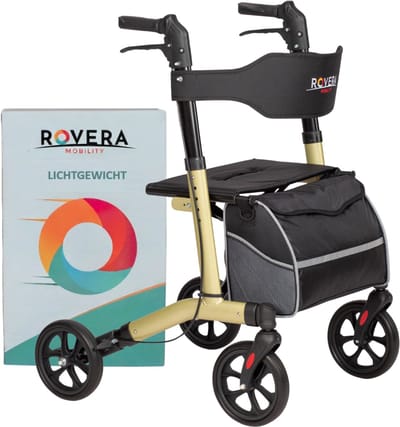 Rovera Mobility® Easy Rollator - Lichtgewicht en Makkelijk Opvouwbaar – Extra Zachte Zitting & Rugleuning – Ergonomische Handvatten – Incl. Luxe Tas & Wandelstokhouder– Geschikt voor Binnen & Buiten – Champagne