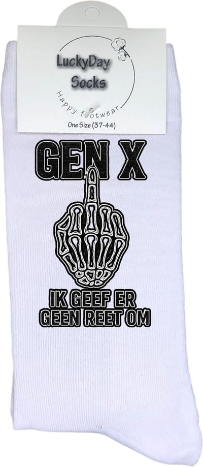 Gen X - Generatie X - Skelet - LuckyDay Socks - Skull sokken - Grappige sokken - Motivatie sokken - Vaderdag - Moederdag - Cadeau sokken - Verjaardag cadeau - Beterschap cadeau - Opkikker - Schoen cadeau - Kerst cadeau - Maat 37-44