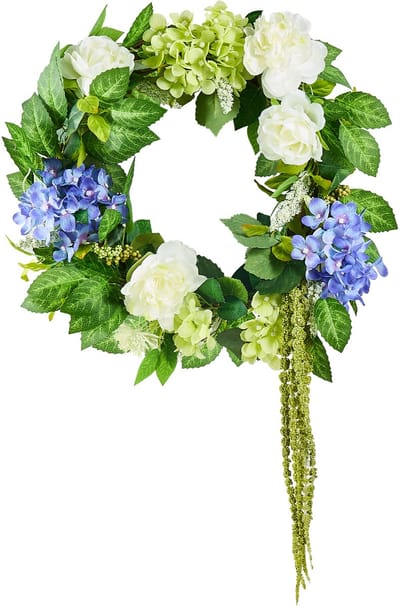 23" Kunstmatige Decoratieve Krans, Blauw, Wit, Groen, met Hortensia's, Rozen, Bessen, Wijnstokken, voor Huisdecoratie In Alle Seizoenen
