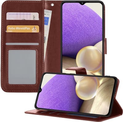 Hoesje - Met Pasjeshouder - Geschikt voor Samsung Galaxy A32 4G - Luxe Bookcase Portemonee - Flip Case - Kunstleer Book Case - Flipcase - Book Cover - Walletcase - Portemonneehoes - Telefoonhoesjes - Bruin