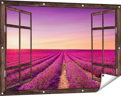 Gards Tuinposter Doorkijk Paarse Lavendel Bloemenveld - 120x80 cm - Tuindoek - Tuindecoratie - Wanddecoratie buiten - Tuinschilderij