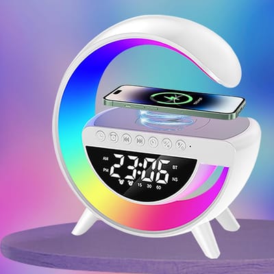 Draadloos oplaadbare tafellamp, multifunctionele Bluetooth-luidspreker en wekker – LED-nachtlampje voor op het nachtkastje, ideaal voor mensen die diep slapen, prachtige slaapkamerdecoratie (wit)
