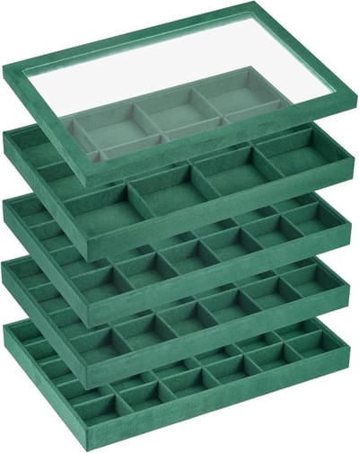 Stapelbare sieradendisplay met deksel - Fluwelen sieradenorganizer voor ringen, oorbellen en armbanden - Donkergroen opbergdoos