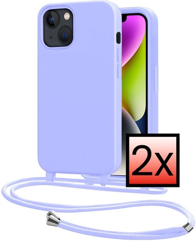 Hoes Geschikt voor iPhone 13 Mini Met Telefoonkoord - Siliconen Hoesje Backcover Met Ketting - Lila - 2 PACK