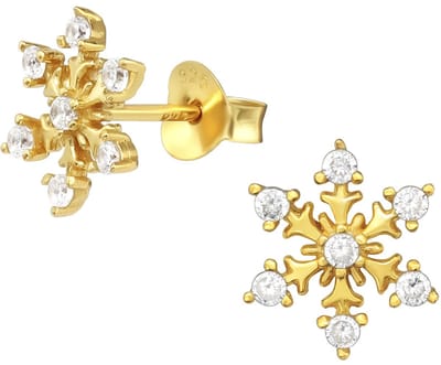 Joy|S - Zilveren sneeuwvlokje oorbellen - 10 mm - zirkonia - oorknoppen - gold plated