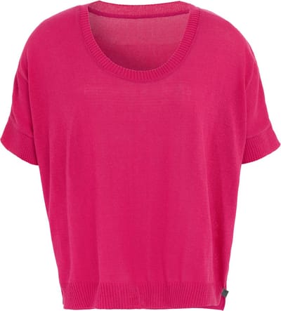 Knit Factory Senna Gebreide Dames Top - Trui met korte mouwen - Gebreide t-shirt - T-shirt - Shirt Gemaakt van 50% gerecyceld katoen - Ronde hals - Fuchsia - Felroze - 36/44