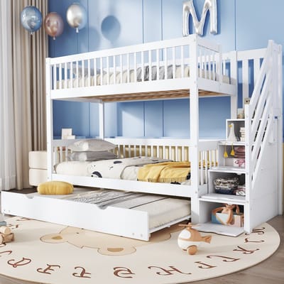 Stapelbed - 90x200/190 cm - Wit - met onderschuifbed & lades & veiligheidshekjes - Kinderbed