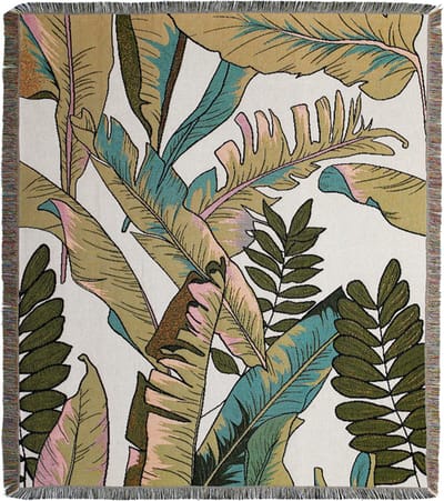Beige geweven deken met bladeren - jacquard (wand)kleed - 150 x 130 cm - bladeren - botanische print - STUDIO Ivana
