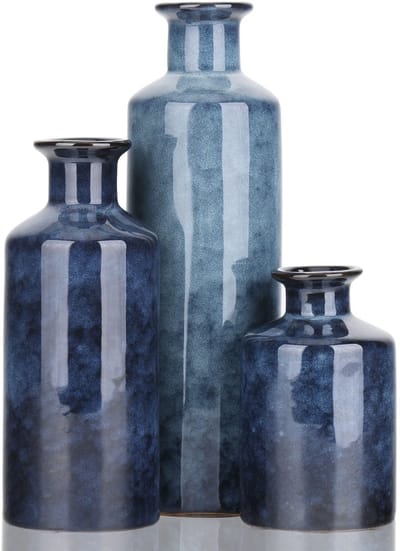 Keramische Blauwe Vazen: 3 Kleine Vazen voor Huis - Landelijke Woonkamerdecoratie, Tafeldecoratie, Schoorsteendecoratie en Opvallende Stukken voor Hal