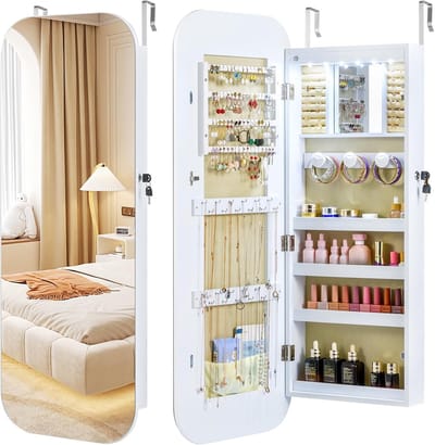 Sieradenkast met spiegel - Opberger met verlichting - Orde houden - Ingebouwde make-up spiegel - 42x10x107.5 cm - Wit