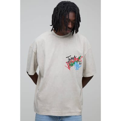 Oversized Acid Wash T-shirt Met Graffiti Print | Ecru | Size XS