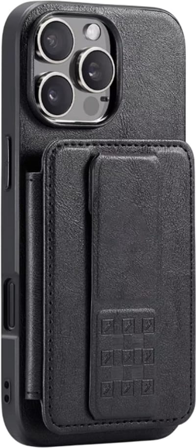 Lederen Wallet Hoes met Kaarthouder – Geschikt voor iPhone 17 – Magnetische Bookcase Telefoonhoes, Pasjeshouder Hoesje met Handband, Ringhouder en Standfunctie - Zwart