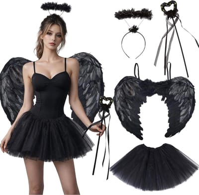 Set van 4 Zwarte Engel Kostuums voor Halloween, Carnaval en Feestjes met Vleugels, Hoorn, Toverstaf en Tutu Rok