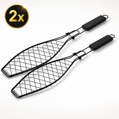 Narvie 2x Vis Grillmand - BBQ Visgrill Set - Vis Klem voor Barbecue - Lange Handgreep - 58 x 15 cm - Zwart