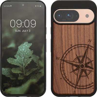 kwmobile telefoonhoesje geschikt voorGoogle Pixel 9 / Pixel 9 Pro - Hoesje met bumper - hout - In donkerbruin Vintage Kompas design