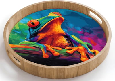 Dienblad rond 40x40 cm - Schootdienblad hout - Kikker - Felgekleurd - Tak - Regenboog - Borrelplank rechthoek - Plateau houten dienbladen