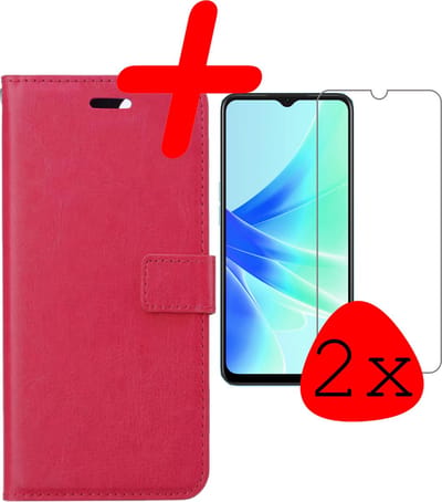 Hoesje Met 2x Screenprotector - Geschikt voor OPPO A17 - Luxe Pasjeshouder - Bookcase Portemonee - Flip Case - Kunstleer Book Case - Flipcase Hoes - Book Cover - Walletcase - Portemonneehoes - Donkerroze