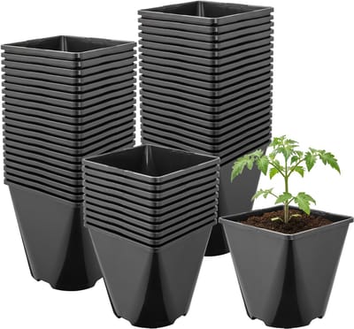Garronda Set van 50 afgeronde vierkante kunststof kweekpotten met drainagegaten voor tuin (Zwart, 14 x 14 x 14 cm (2L)) GD-KW-SR