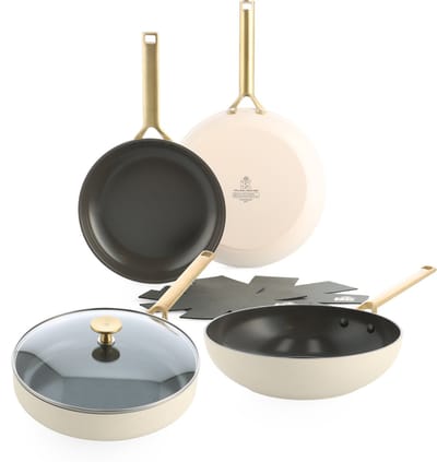 BK Sublime Pannenset 6-delig - 24/28cm - 3.7/4.2L - Panbeschermers - PFAS-vrije antikleeflaag - Pannenset inductie - Keramische pan - Ovenbestendig tot 220°C - Panbeschermers - Hapjespan 28cm met deksel - Crèmewit