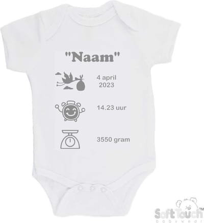 100% katoenen Romper met naam & geboortegegevens Unisex/Meisje/Jongen Katoen Wit/grijs Maat 62/68