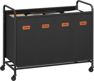 SONGMICS - Wasmand - Wasmand met 4 Vakken - 200L Waswagen op Wielen - Voor Badkamer Slaapkamer Wasruimte