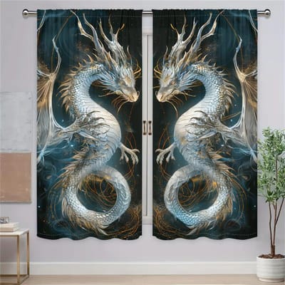 2 Stuks Droom Draak Gordijnen Oriëntaals Mythologie Patroon Kunst Decor Gordijnen Voor Woonkamer Slaapkamer Raam Decor Zonwering Gordijnen 29.5W65H(inch)x2Pcs&Rod Pocket gray