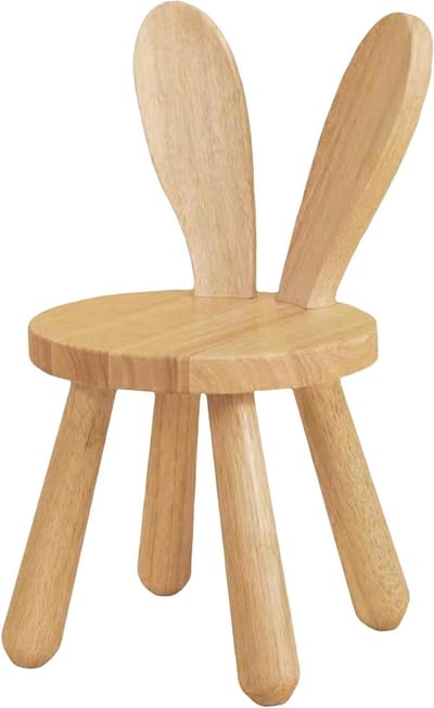 Houten Kinderstoel met Diameter 26 x 45 cm, Stevige Kruk voor Eten, Lezen en Spelen, Met Rabbit Oren Rugleuning en Antislip Rubber Voetjes