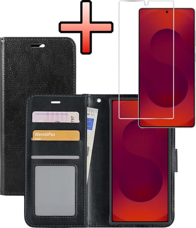 Hoesje - Met Screenprotector - Geschikt voor Samsung Galaxy S25 Ultra - Luxe Pasjeshouder - Bookcase Portemonee - Flip Case - Kunstleer Book Case - Flipcase - Book Cover - Walletcase - Portemonneehoes - Zwart