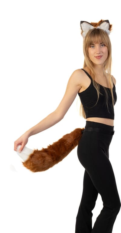 KIMU® Haarband Furry Oren & Staart Set Bruin Wit Punt - Kat Poes Vos Diadeem Dons Dieren - Dierenoren Oor Oortjes Vilt Lynx Hond Wolf Haren Festival