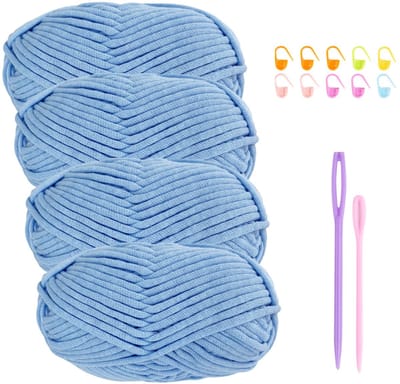 garen voor gehaakt katoenen garen om te haken, dikke wol, 4 x 50 g, haakgaren voor beginners, haakwol, breigaren met haakaccessoires, blauw garen