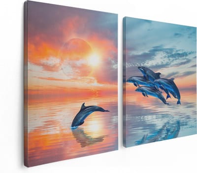 Artaza Canvas Schilderij Tweeluik Groep Dolfijnen Springen uit het Water - 120x80 - Foto Op Canvas - Canvas Print