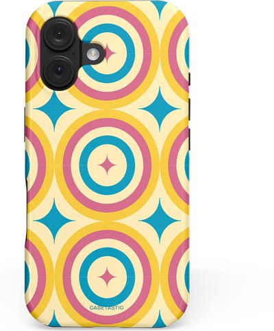 Casetastic hoesje geschikt voor Apple iPhone 16 - MagSafe - Dubbellaagse bescherming - Swinging Retro Boogie Circles - Fashion Case - Crème Goud Lichtblauw Koraal