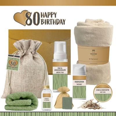 Geschenkset “80 Happy Birthday” - 8 producten - 1140 gram - Triomf Cosmetica | Luxe wellness Cadeaubox voor haar Giftset Verjaardag Tachtig jaar Cadeau Pakket Gefeliciteerd Verjaardagscadeau Vrouw Party Eighty Years Hartje Goud Groen Beige