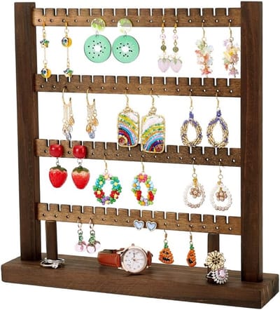 Houten Oorbellen Display Stand, 4-laags Oorbellen Toren voor Sieraden, Ideaal voor Ambachtelijke Beurzen en Verkopen, Geschikt voor 128 Oorbellen en Kettingen