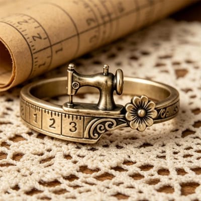 Vintage Naaimachine Ring voor Vrouwen, Antiek Brons Verstelbare Open Ring met Bloem & Liniaal Detail, Kleermaker Naaister Sieraden 6 black