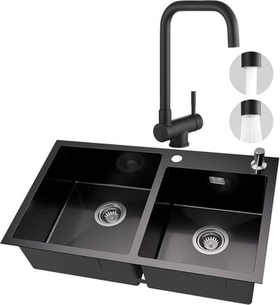 Auralum MAX Spoelbak Keuken 75x45cm Antraciet - Dubbele Spoelbakken Met Inklapbare Keukenkraan - Wasbak Keuken Met zeepdispenser 300ml - Met Waterafvoersysteem en Afdruiprek