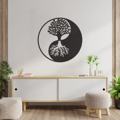 Wanddecoratie Yin Yang Levensboom - Muurdecoratie Levensboom - Muurdecoratie Hout - Wanddecoratie Hout - Muurdecoratie Woonkamer - Wanddecoratie Woonkamer - Wanddecoratie Industrieel - Wanddecoratie Dieren - Home Decor - Wall Line Art - 59 x 59 cm