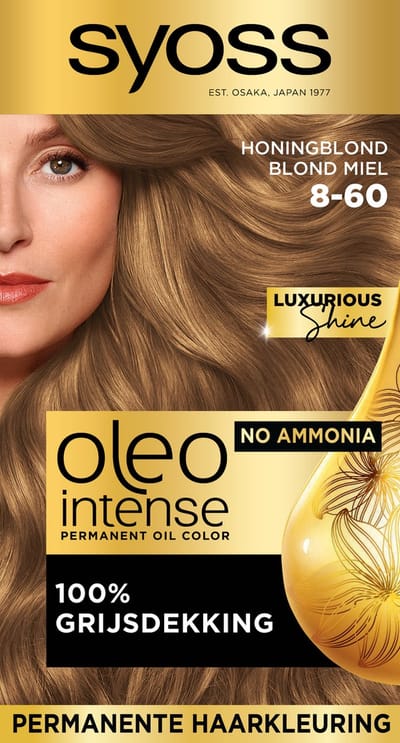 Syoss Oleo Intense 8-60 Haarverf - Honing Blond - Permanente Haarkleuring - Ammoniakvrij - Met Voedende Oliën - 100% Grijsdekking - Langdurige Kleur - 1 stuk