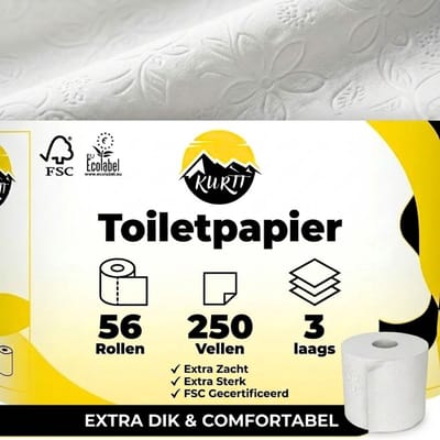 KURTT wc papier voordeelverpakking 3-laags 250 vellen, 56 rollen (7pack - 8rolls) toiletpapier FSC & EU Ecolabel 100% cellulose, gebloemd toilet papier Tot 100% Meer Vellen