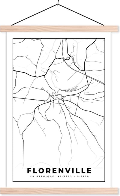 Posterhanger incl. Poster 40x60 cm - Schoolplaat - Stadskaart – Plattegrond – België – Zwart Wit – Florenville – Kaart - Textielposter - Blanke latten - Stadskaart