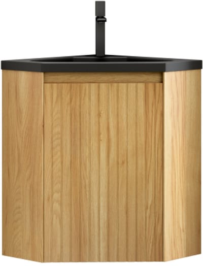 ZURI 38cm wandgemonteerde badkamermeubel met matzwarte harsgeïntegreerde wastafel, driehoekige multiplex kasten met strepen, voor hoeken, één deur, voorgemonteerd, natuurlijke houtnerfkleur