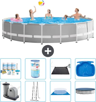 Intex Rond Prism Frame Zwembad - 548 x 122 cm - Grijs - Inclusief Pomp - Ladder - Grondzeil - Afdekzeil Onderhoudspakket - Filter - Solar Mat - Voetenbad