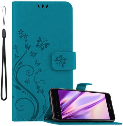 Cadorabo Hoesje geschikt voor Huawei Y6 PRO 2017 in BLOEMEN BLAUW - Beschermhoes in bloemmotief met magnetische sluiting, standfunctie en kaartsleuven Book Case Cover Etui